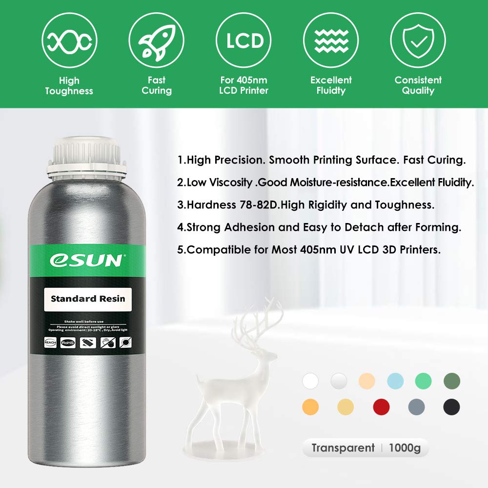 eSUN 405nm LCD 3D Printer Rapid Resin UV Curing Resin General Purpose Standard Resin Photopolymer Resin for Photon UV Curing LCD 3D Printer, 1000g Transparent