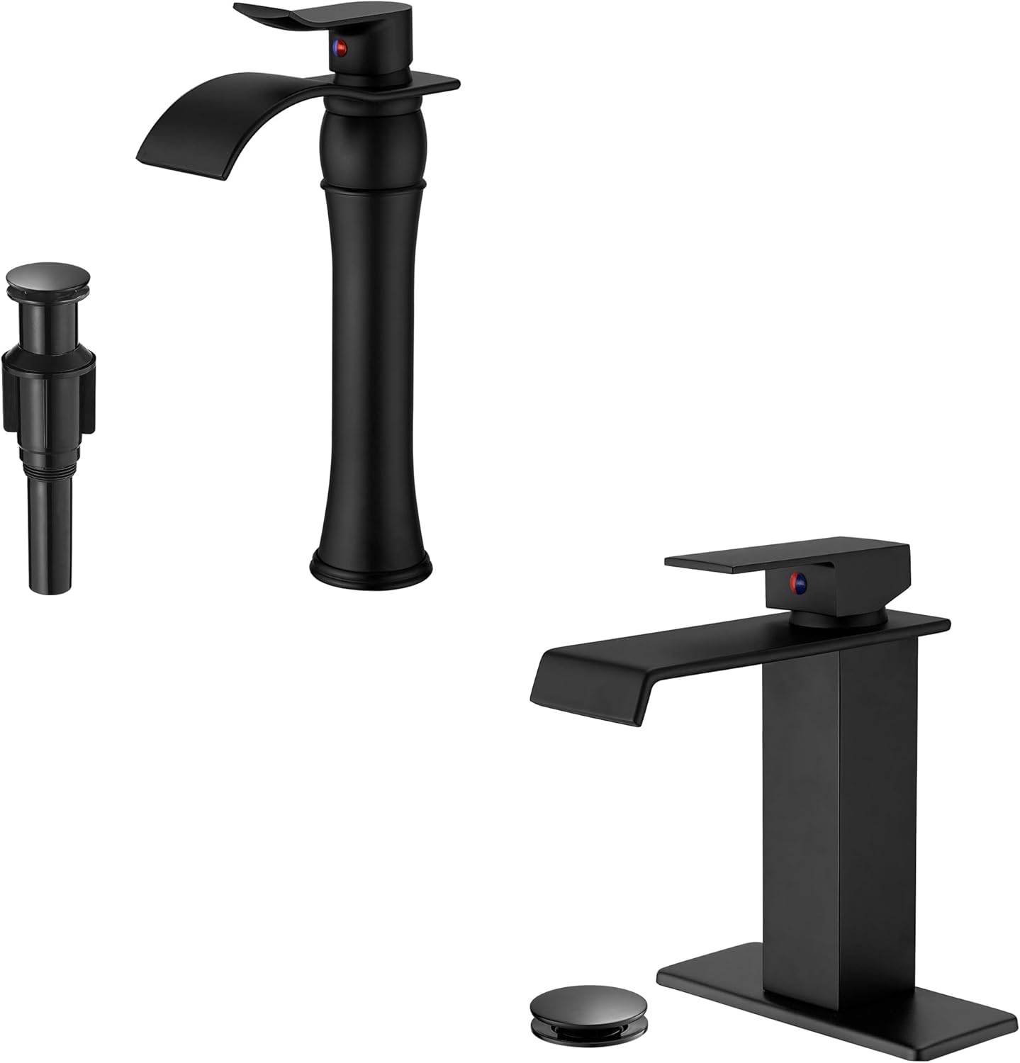 Black Vessel Sink Faucet Single Handle Tall Faucet for Bathroom Sink, Waterfall Bathroom Faucet Brass Matte Black Bathroom Faucet 1 Hole or 3 Holes, 4 Inch Bathroom Sink Faucet with Deck Plate &