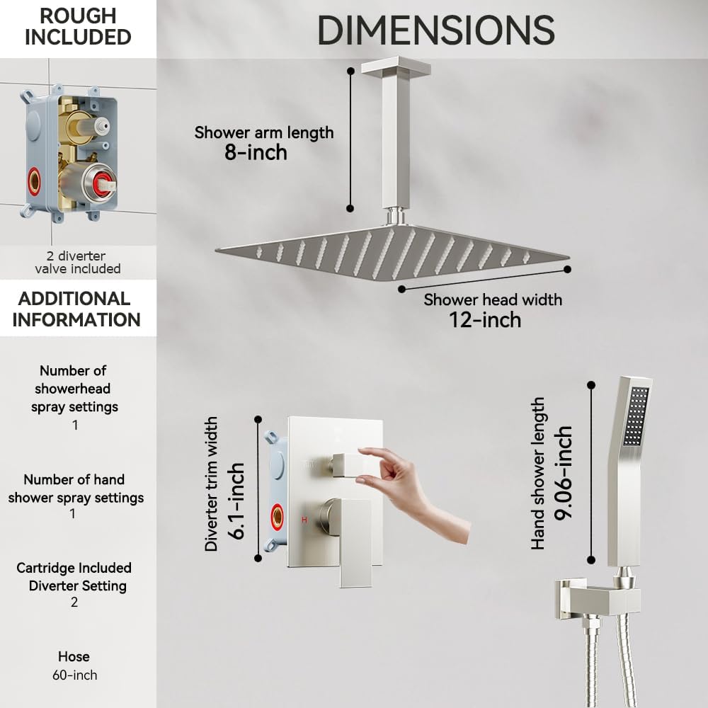 Brushed Nickel Shower System Shower Faucet Set, STARBATH 12" Ceiling Mount Rain Shower Head and Handheld Spray for Two Person, Shower Faucet Set with Diverter Valve and Trim Kit Complete