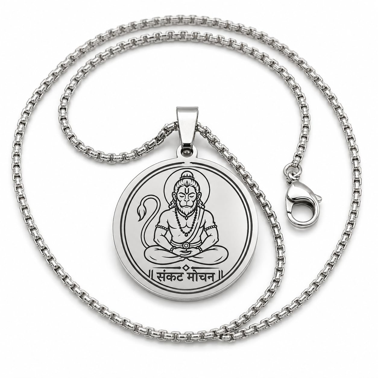 Hanuman Engraved Pendant Necklace for Men Women, Stainless Steel Round Bajrangbali Locket with 22 Inch Box Chain Silver-image-0