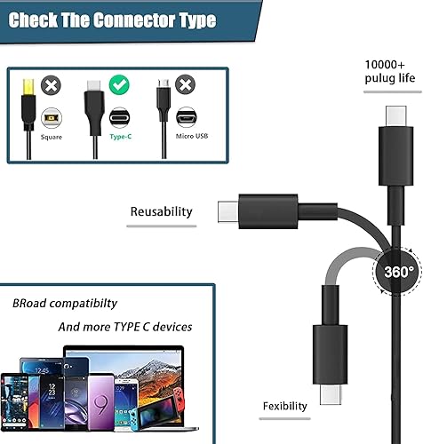 Miniatura 3 de LJO-EEIH Cargador USB C de 65 W para laptop compatible con Lenovo Chromebook 100e 300e C330 ThinkPad T480 T480s T580 T580s Yoga C930 C940 C740 S730