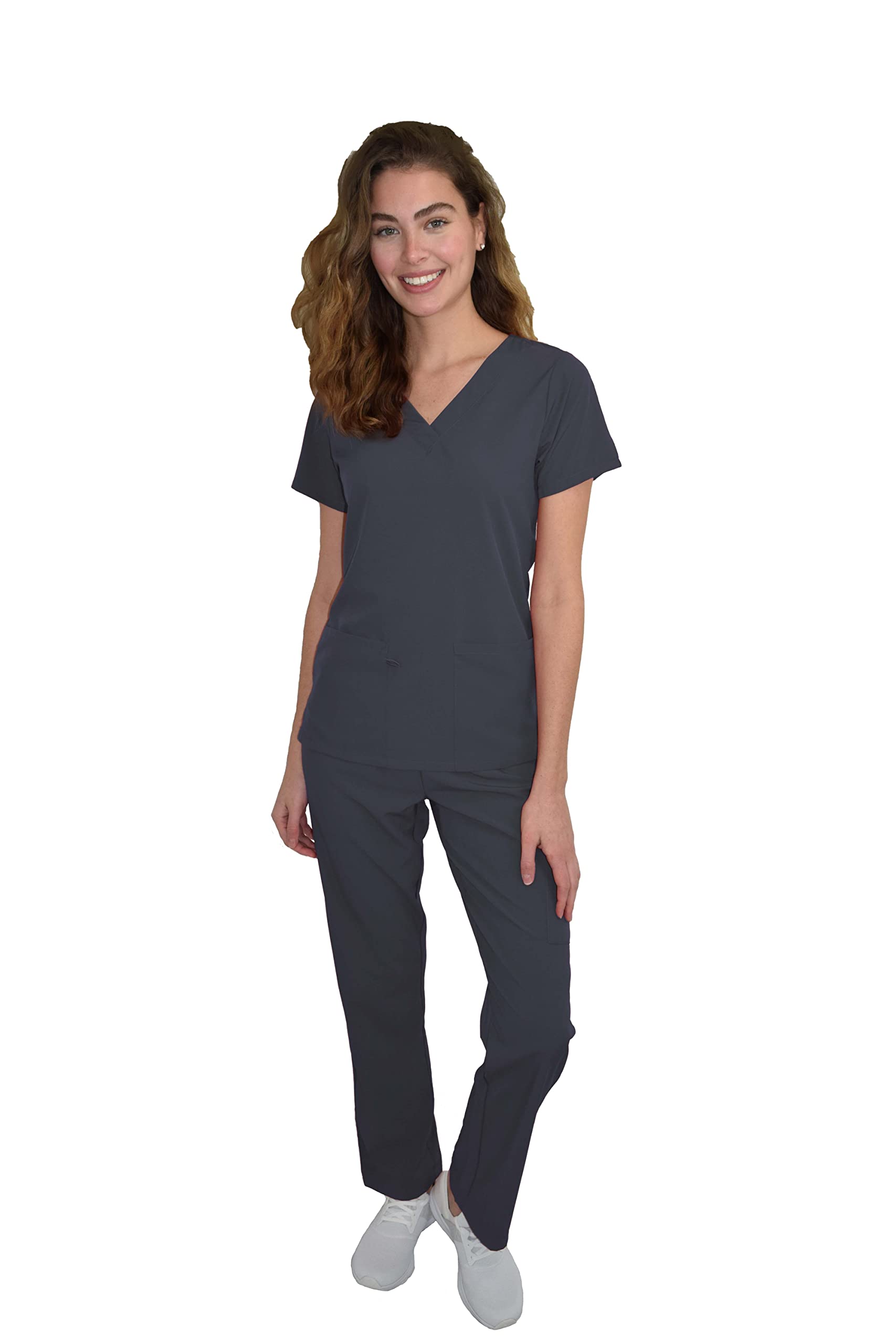 Green Town Scrubs for Women Scrub Set - V-Neck Top and Straight Leg Pant, 5 Pockets, Easy Care-Pewter-X-Small