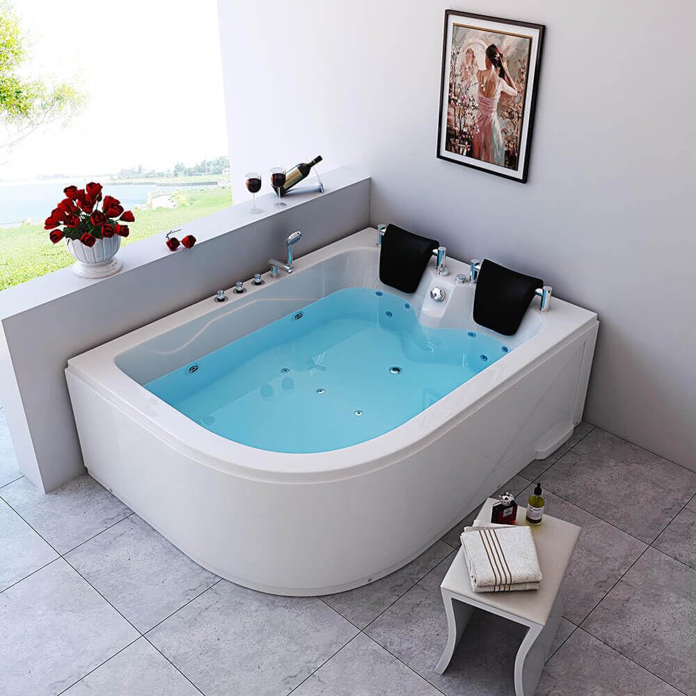 Home Deluxe - Bañera de hidromasaje - BLUE OCEAN XL izquierda, blanca, dimensiones: 180 x 120 x 65 cm - incl. cojín cervical, grifería y bomba de hidromasaje I Bañera de hidromasaje para 2 personas,