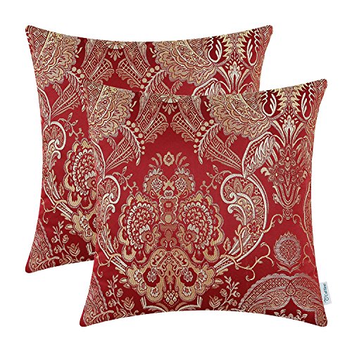 CaliTime Throw Pillow Covers Pack of 2 Supersoft Vintage Damask Floral Cushion Cases Shells for Couch Sofa Home Decor 18 X 18 Inches Burgundy