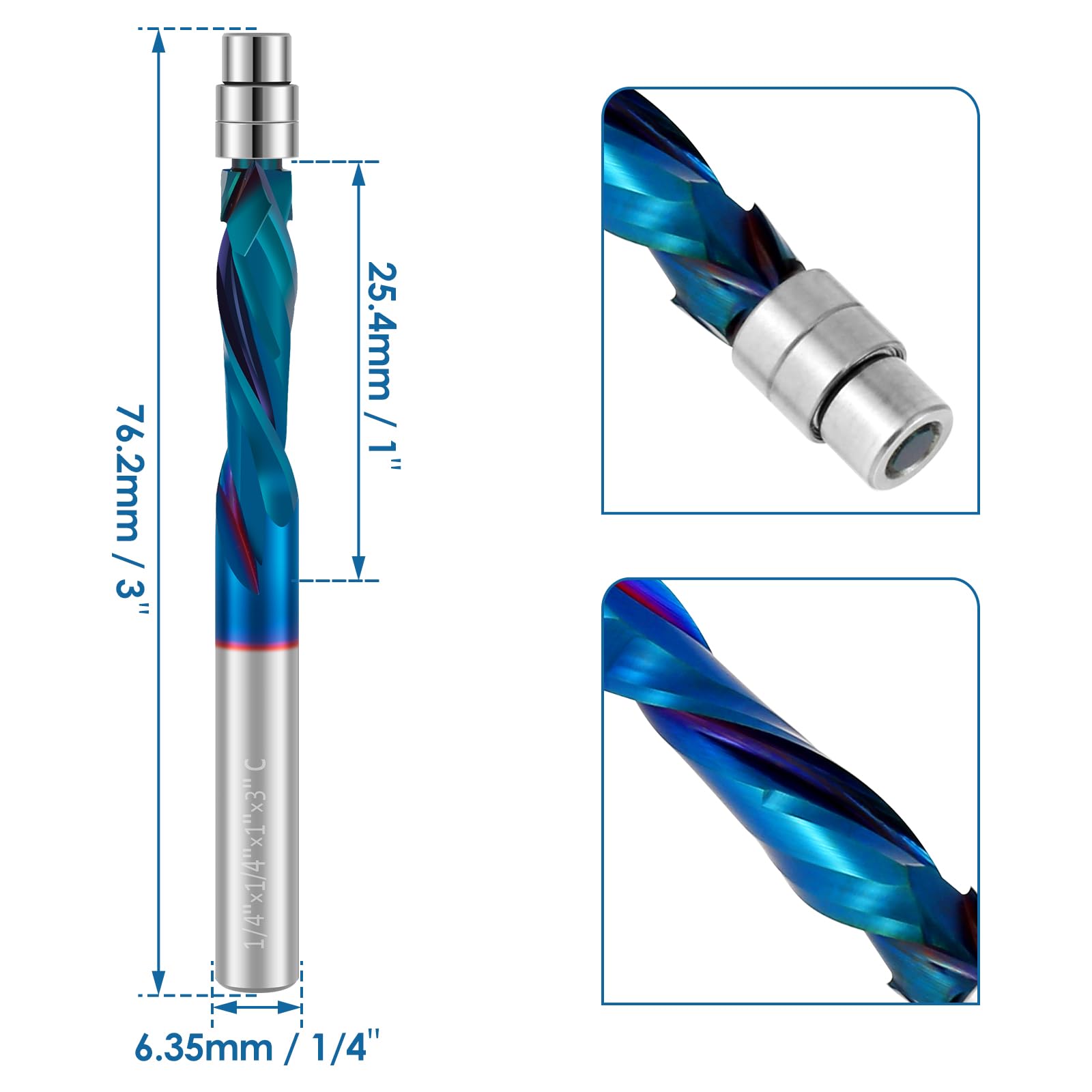 Up Down Cut Spiral Flush Trim Router Bit, 1/4 Inch Shank Carbide Flush Trim Straight Router Bit, Downcut Compression Flush Trim Router Bit with Nano Blue Coated Woodworking Milling Cutter
