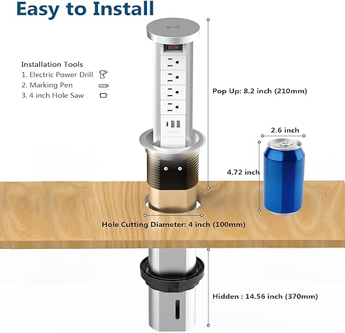 Miniatura 7 de BTU Toma de corriente desplegable para encimera, receptáculo con USB C y 4 salidas de CA, toma de corriente empotrada con cargador inalámbrico de 10