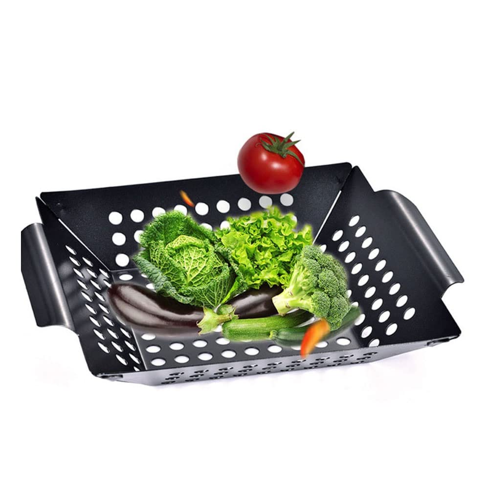 Quadratischer Grill, Flacher Edelstahl, gegrillte Grillplatte, Lebensmittel, Gemüsekorb, Grillwerkzeug, Küchenwerkzeug