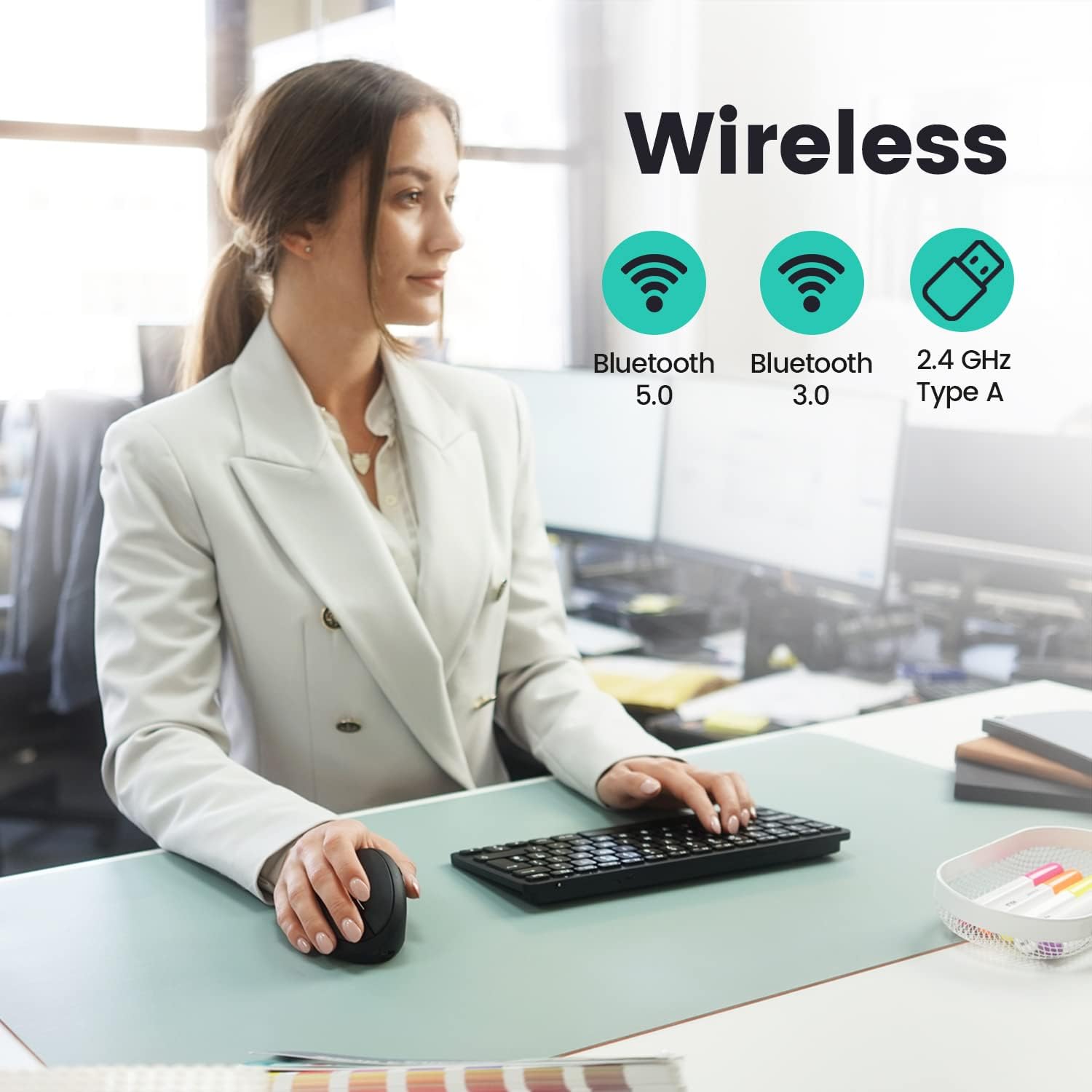 Perixx PERIMICE-819B Bluetooth Portable Vertical Mouse - Wireless 3-in-1 Multi-Device Spec - Silent-Click - Portable Compact Size - Black - Right Handed