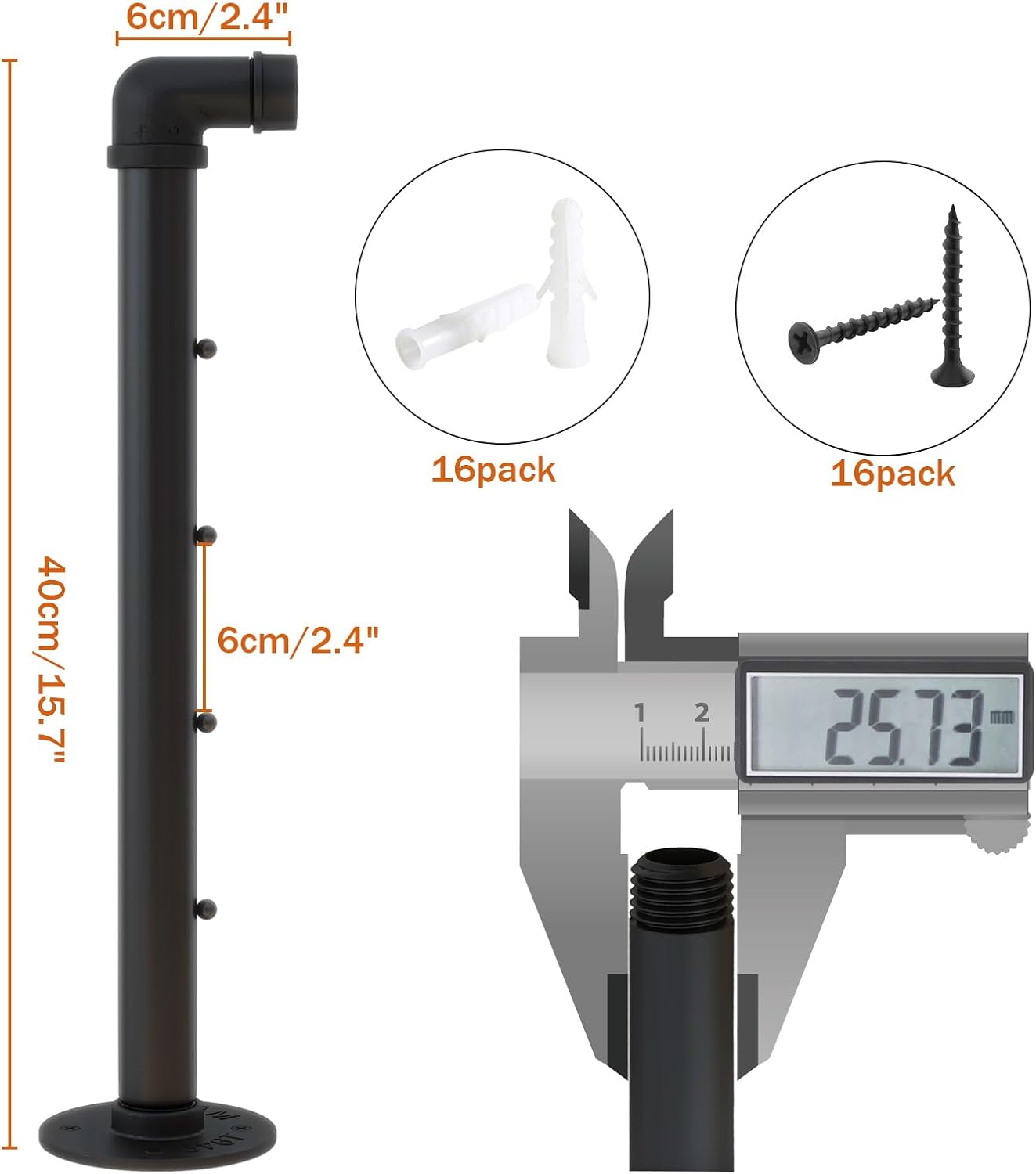 IBUYKE 4 Pcs 15.7 Inch Industrial Pipe Clothes Bar, Multifunctional Wall Mounted Clothes Rail, Heavy Duty Space-Saving Hanging Closet Rod for Bedroom Bathroom, Black TYJ008H-4