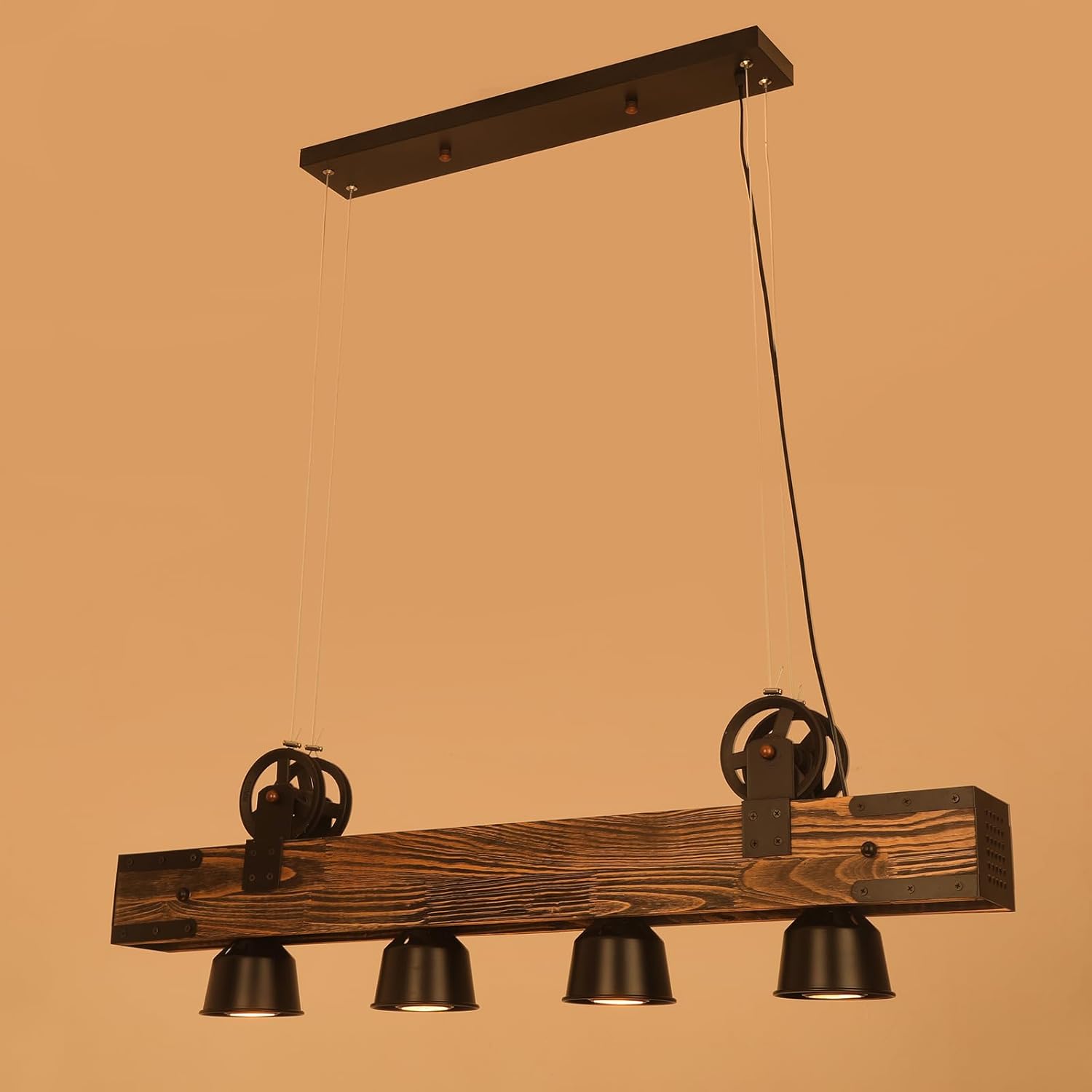 Farmhouse Pendant Light, 39 Inch Vintage Kitchen Island Lighting 4-Light Pool Table Lights Rustic Wood Chandeliers with Adjustable Height for Kitchen Dining Room