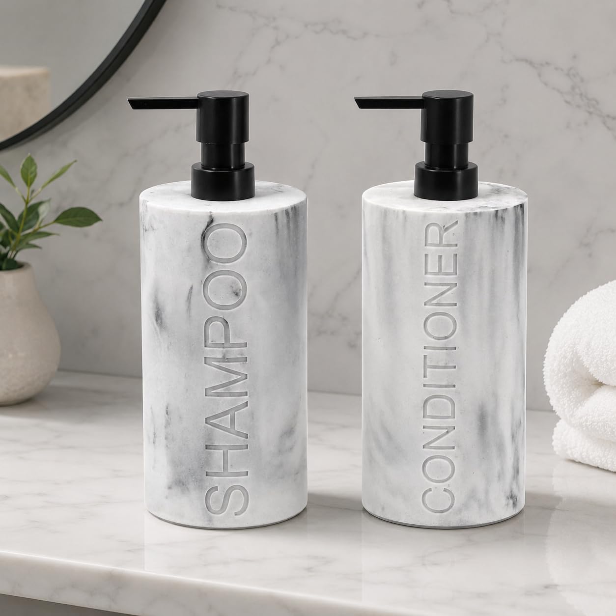 Marble Resin 2 Piece Shampoo and Conditioner Dispenser Set, Luxurious Refillable Pump Bottles with Matte Pump Top and Embossed Text, Durable Design for Bathroom and Shower