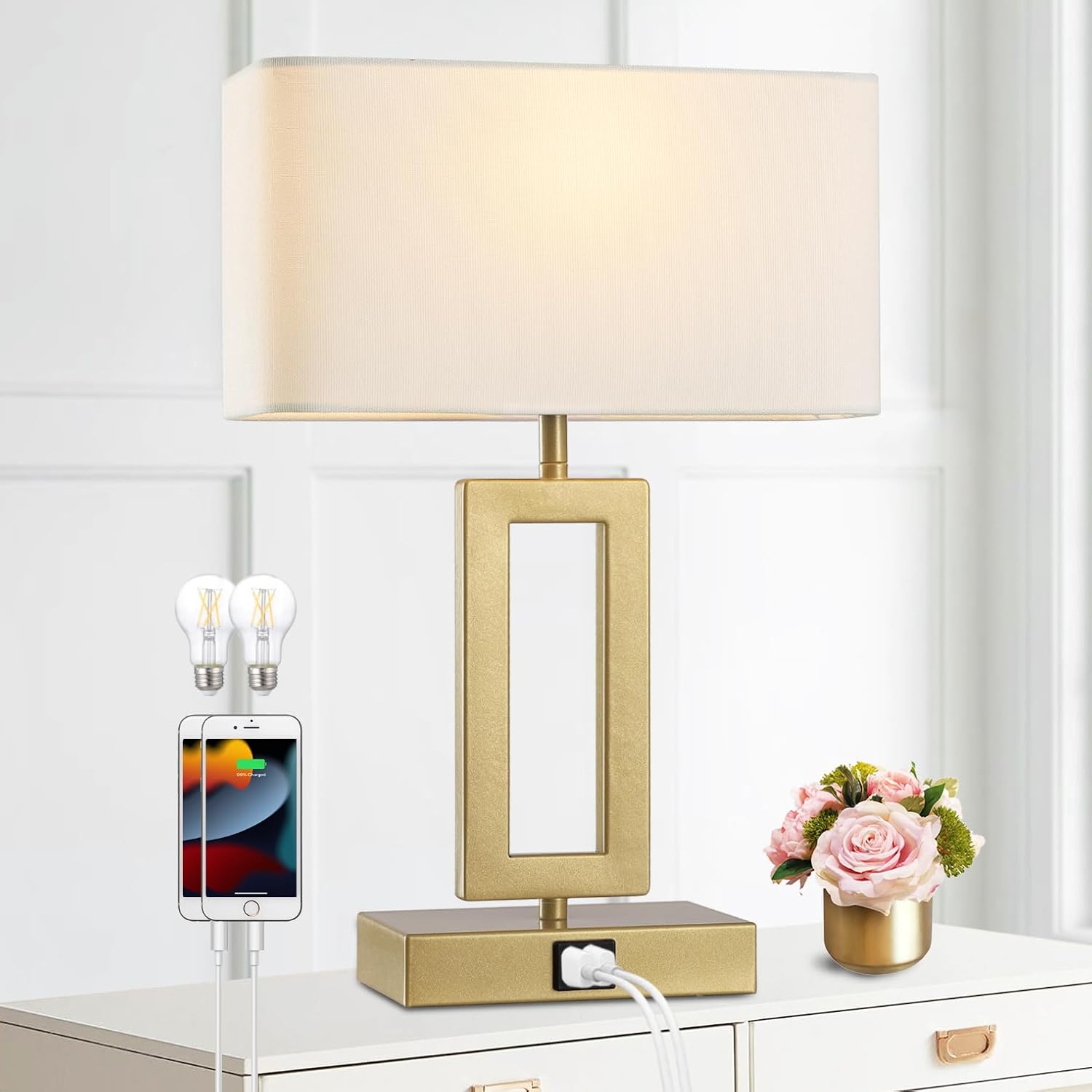 gernehop Gold Table Lamp with Dual USB Ports,3Way Dimmable
