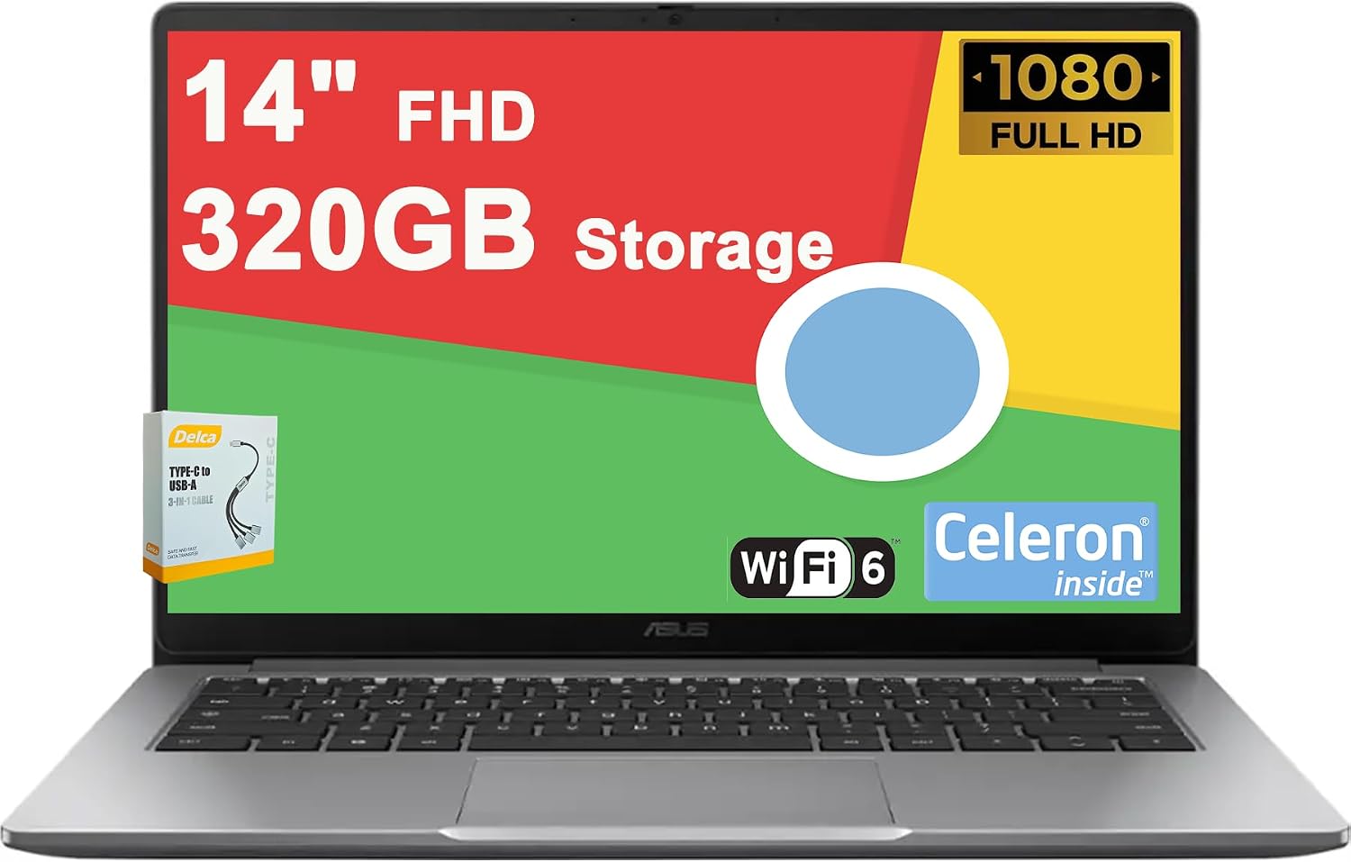 ASUS Chromebook CX14 Lightweight Student Laptop | 14" FHD Anti-Glare Intel Celeron N4500 | 4GB DDR4 320GB Storage (64GB eMMC + 256GB SD Card) | USB-C Long-Lasting Battery w/DLCA Accessory Google AI