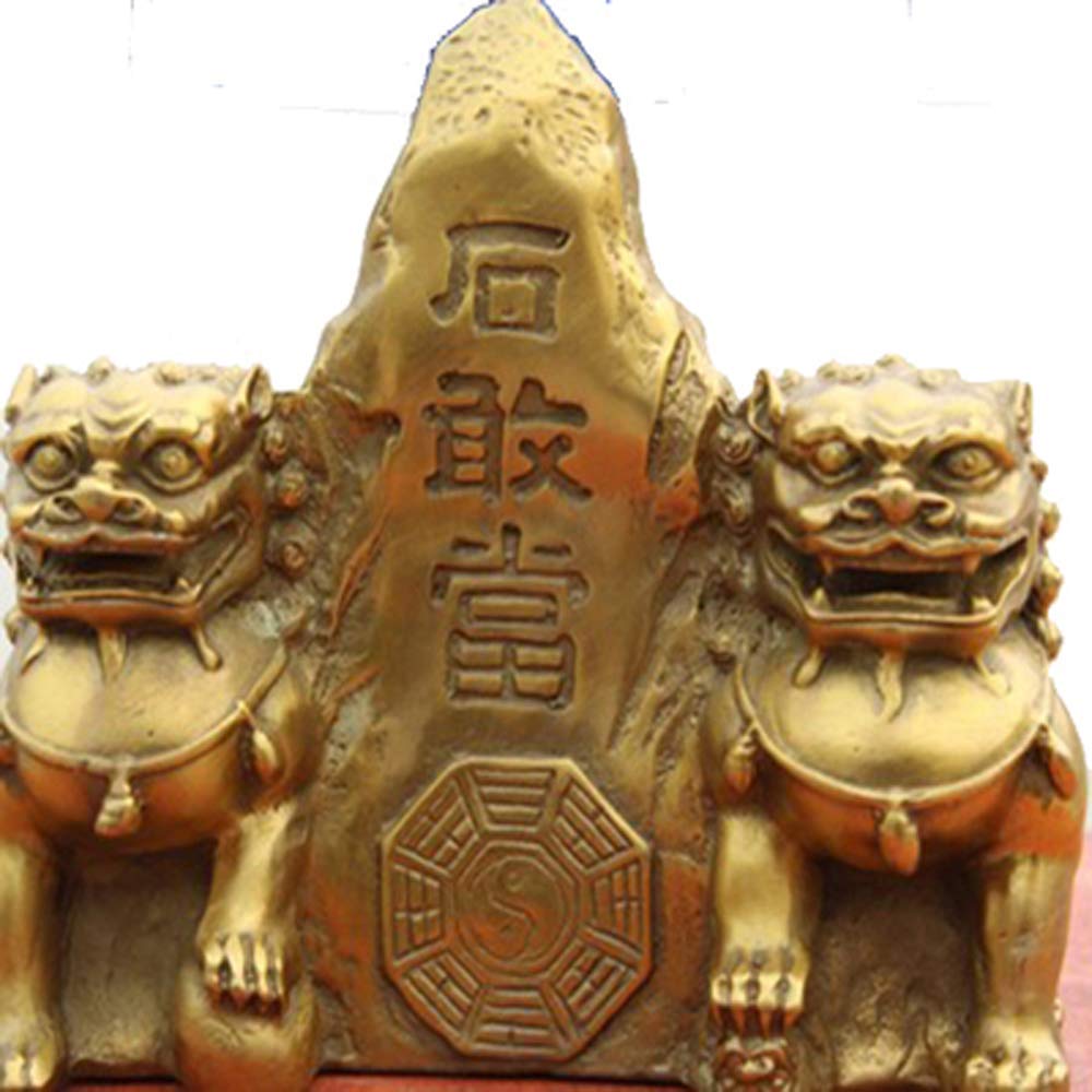 Statues Chiens Fu et Tai Shan Shi Gandang en Laiton Feng Shui 16,5cm