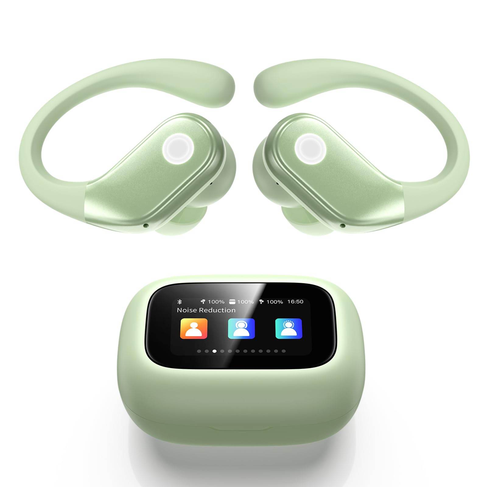 Wireless Earbuds, ANC Noise Cancelling Sport Ear Buds with Multifunctional Touch Screen, Bluetooth 5.4 Headphones, Bass Stereo Sound, 5 EQ Over The Ear Earbuds for Sports/Workout/Gym-Green