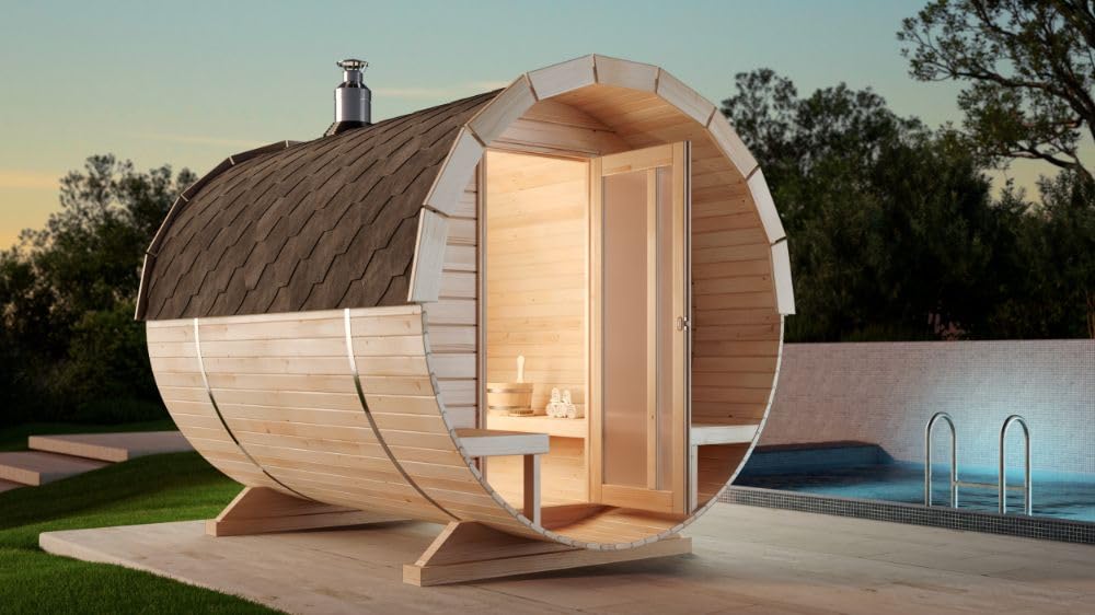 Fasssauna Saunafass Außensauna Carrie 2 Sitzbänke aus Holz Wandstärke 42 mm