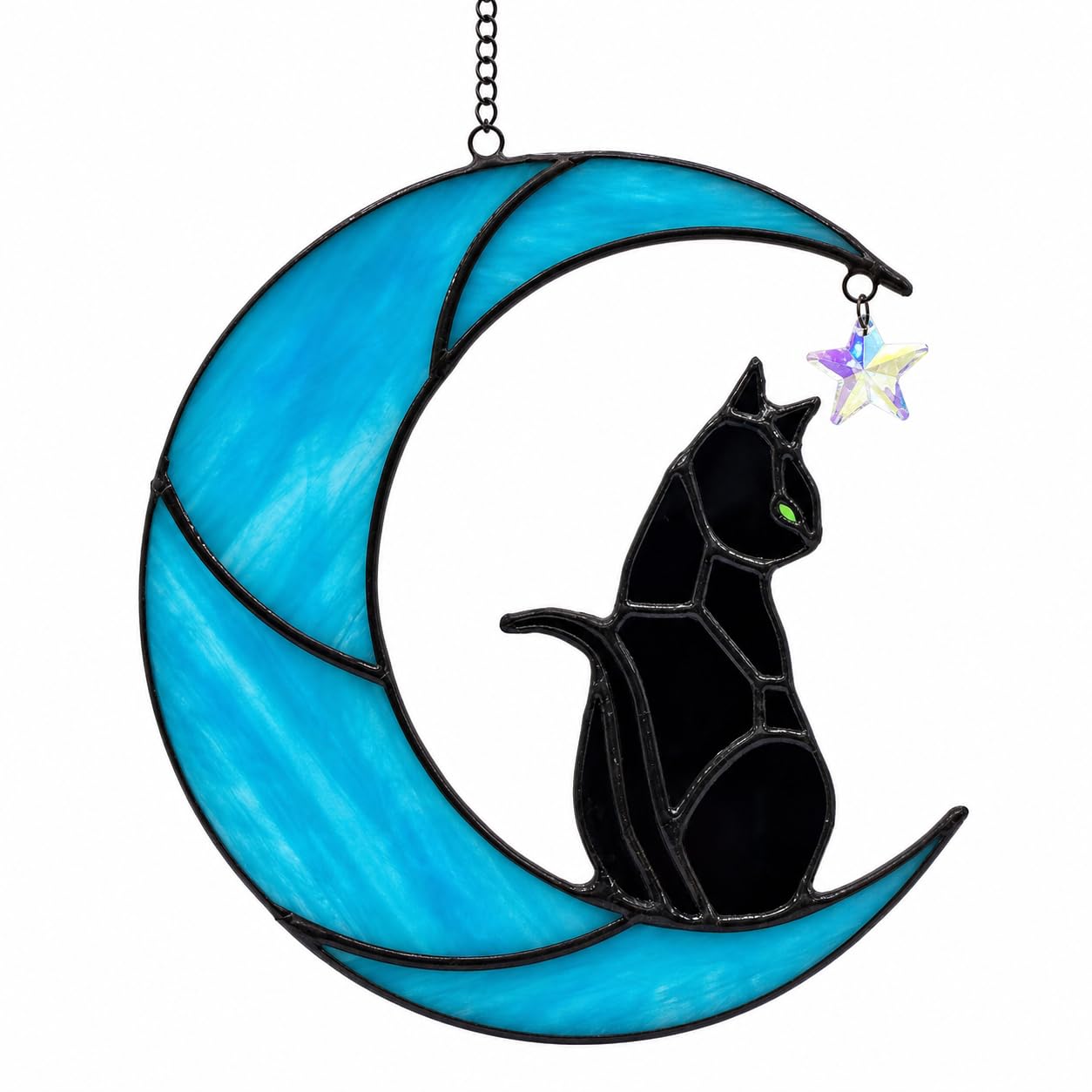 Stained Glass Black Cat Suncatcher Blue Moon Rainbow Maker Window Decor