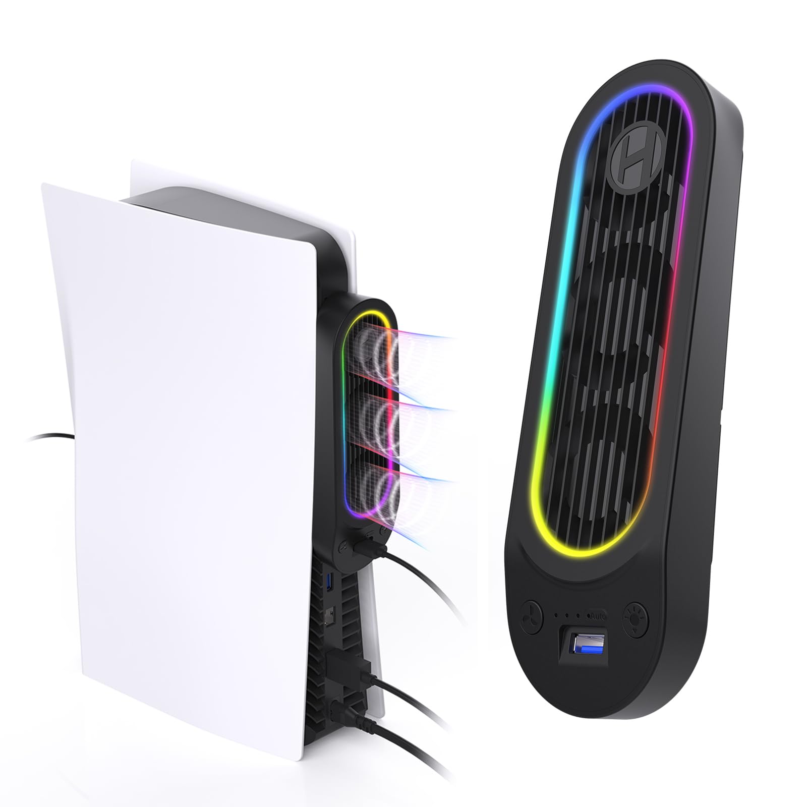 PS5 Accessories Cooling Fan with 9 LED Light, Quiet PS5 Cooler with Auto Adjustable Speed/Auto On/Off, USB 3.0 Port Compatible with PlayStation 5 Digital & Discs Edition Black