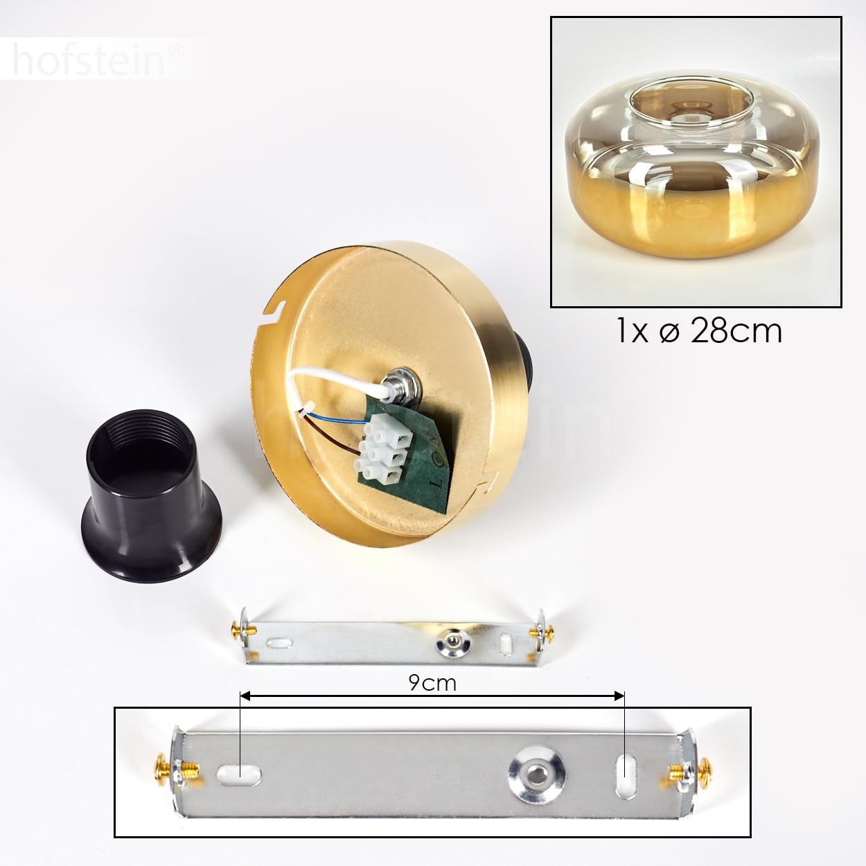 HOFSTEIN Deckenleuchte Boza, Deckenlampe aus Metall/Glas in Messing-/Goldfarben/Klar, moderne Leuchte im Retro/Vintage-Design (Ø Schirm 28 cm), E27, Schlafzimmer, Wohnzimmer, Küche, Esszimmer