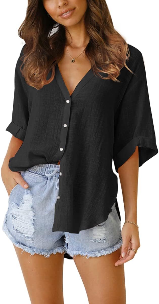 Womens Button Down Linen Shirts V Neck Roll Up Cuffed Sleeve Blouses Loose Fit Collared Shirt Casual Formal Business Work Office Plain Tops,Black 2XL