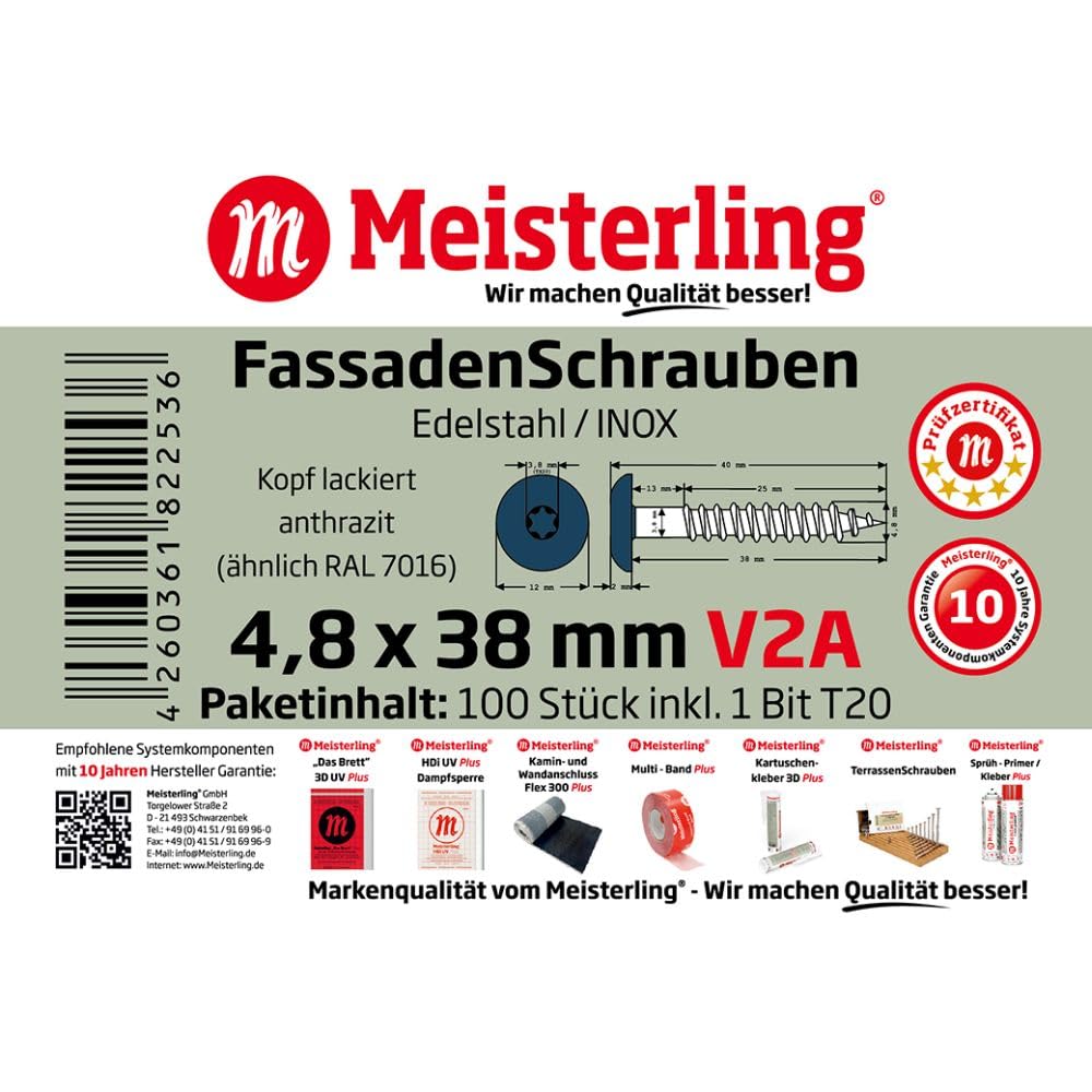 Vis de façade à tête plate en acier inoxydable V2a 4,8 x 38 mm, gris