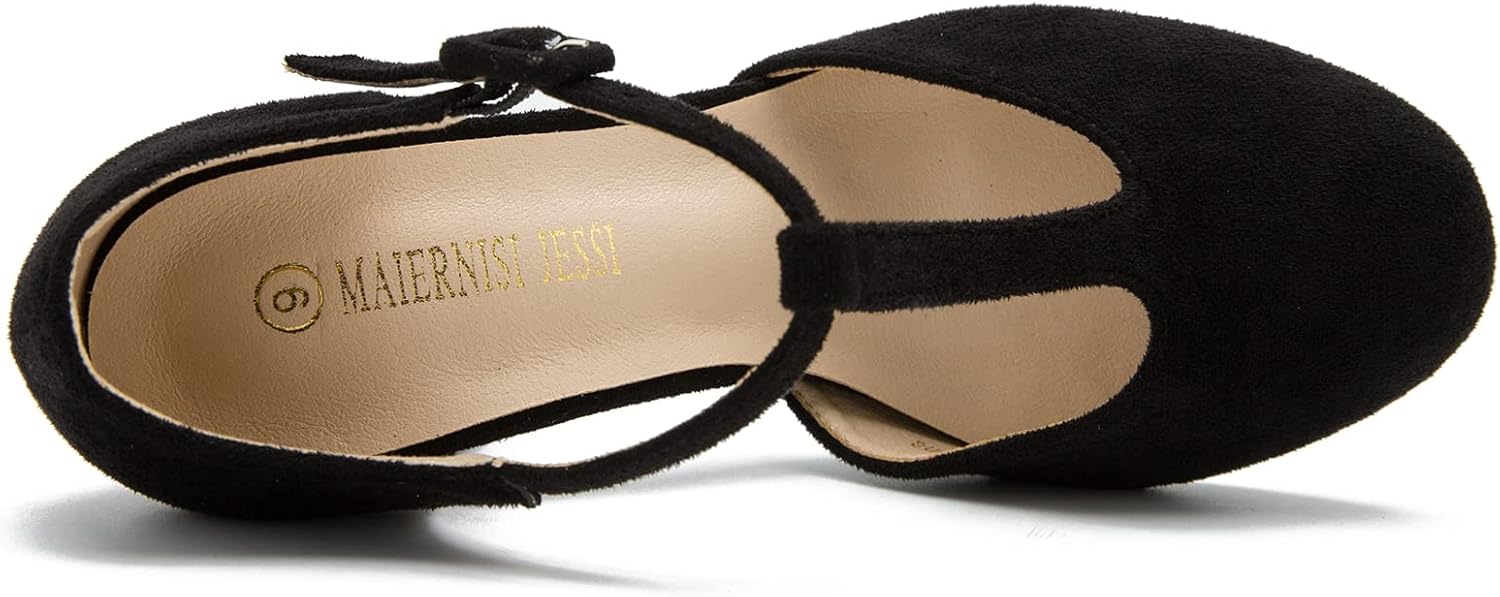 Women's T-Strap Mary Jane Pumps, Chunky Heel, Vintage Style, Cut Out, 3.54 Inch Round Toe Dress Shoes - Image 4