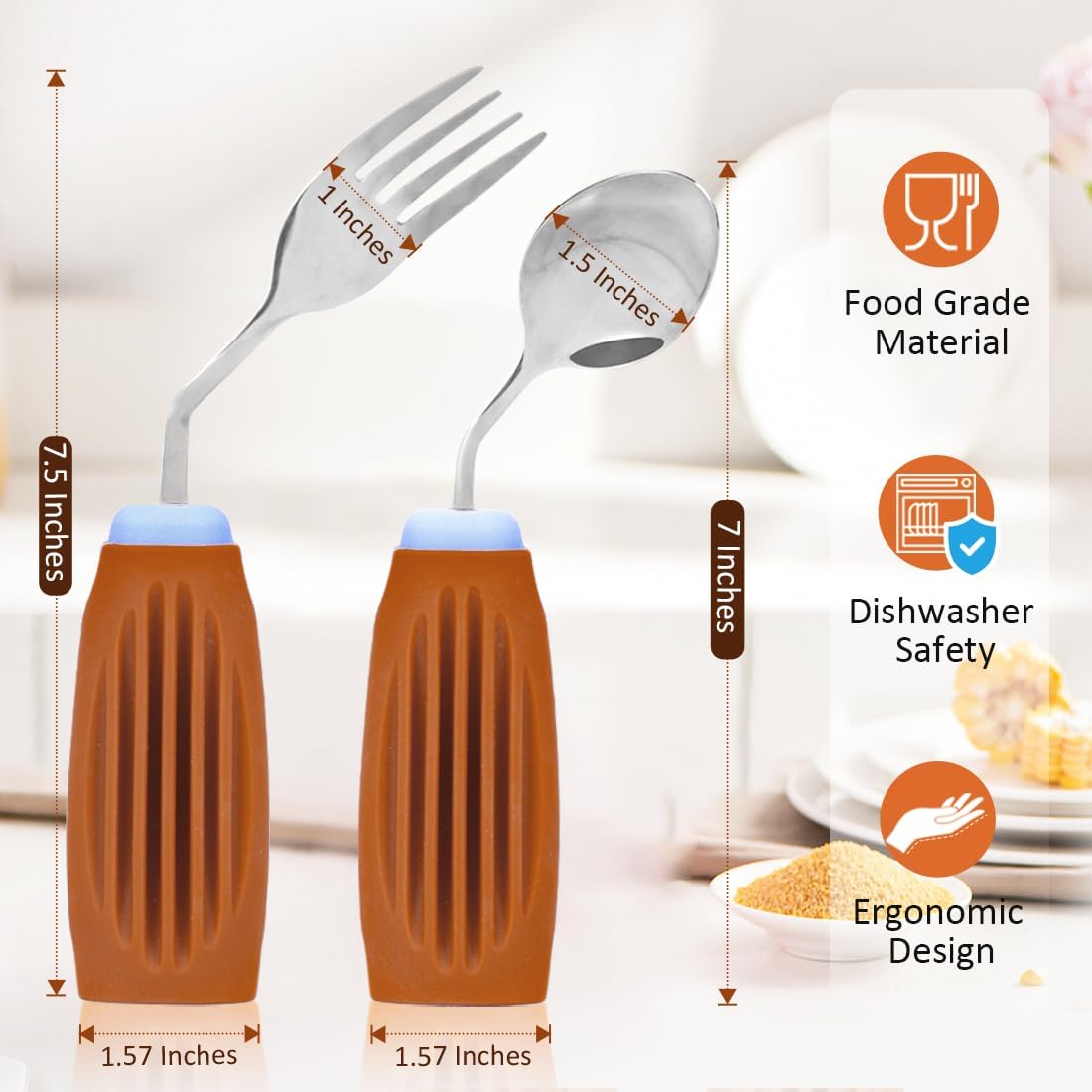 Thick Solid Weighted Adaptive Utensils Set with Weight Accessories (Purple and Brown, Right Hand Spoon and Fork)