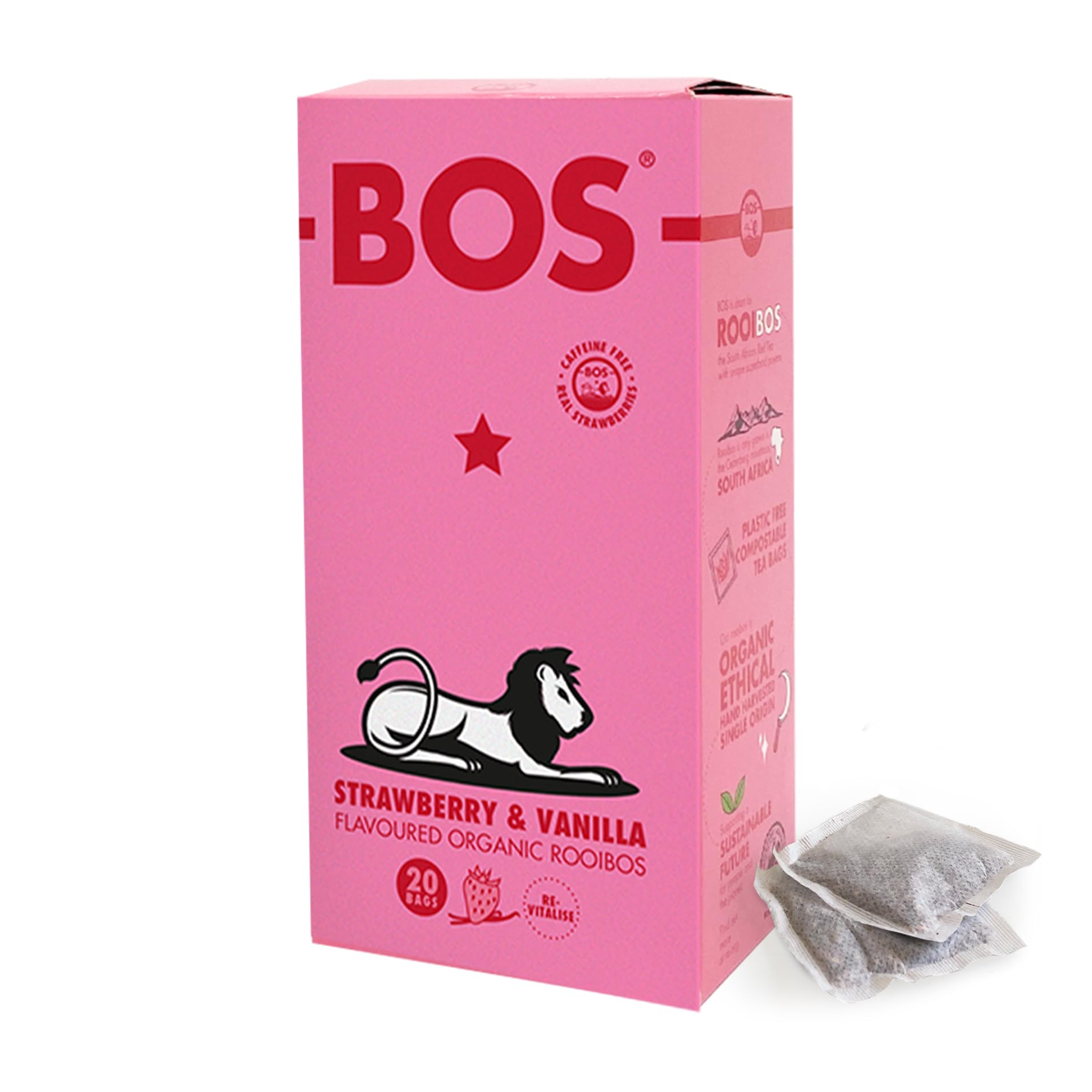 BOS Organic Strawberry & Vanilla Flavoured Caffeine Free Rooibos Tea Bags Carton, Smooth & Fruity Delight With Real Strawberries, 50 g, 20 Teabags (Pack of 1)USDA Organic