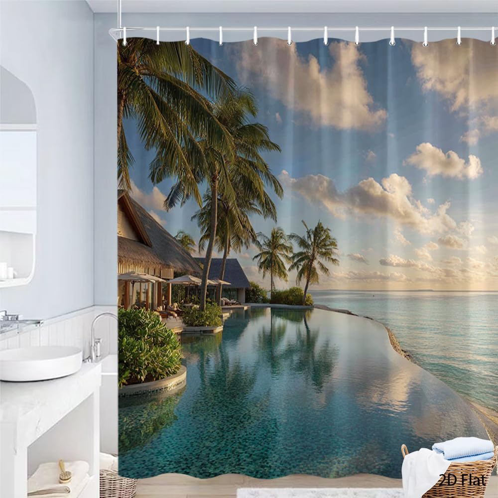 Glwdmb U-19 1 Piece 180X180cm Tropical Palm Tree And Ocean Sunset Printed Shower Curtain With Hook, Polyester, For Windows And Walls, Bathtub, Bathroom, Machine Washable, All Season Universal