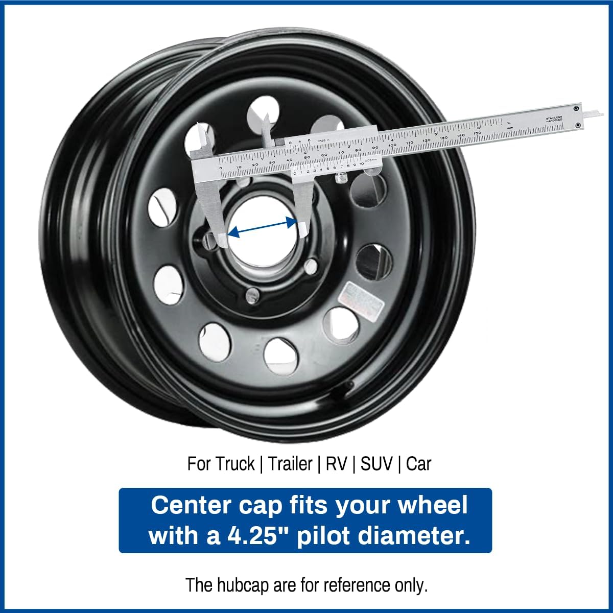 4.25 Inch Stainless Steels Trailer Wheel Center Caps Fit 4.25" Center Bore Truck Trailer RV SUV Wheels Rims, Matt Black Push Through Hub Covers, 4Pcs, Height 4.11 in