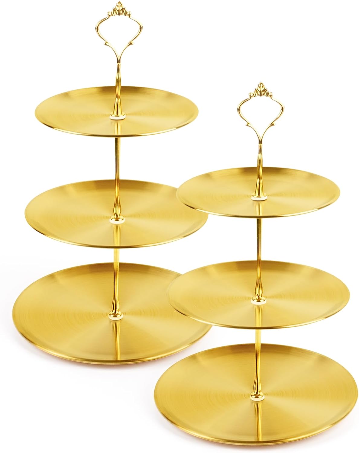 2-Piece Set Gold 3-Tier Cupcake Stand, Stainless Steel Dessert Display Stand Serving Tray (Suitable for Birthdays, Weddings, Parties) - Tray for Cakes, Pastries, Candies, Macarons (Gold)