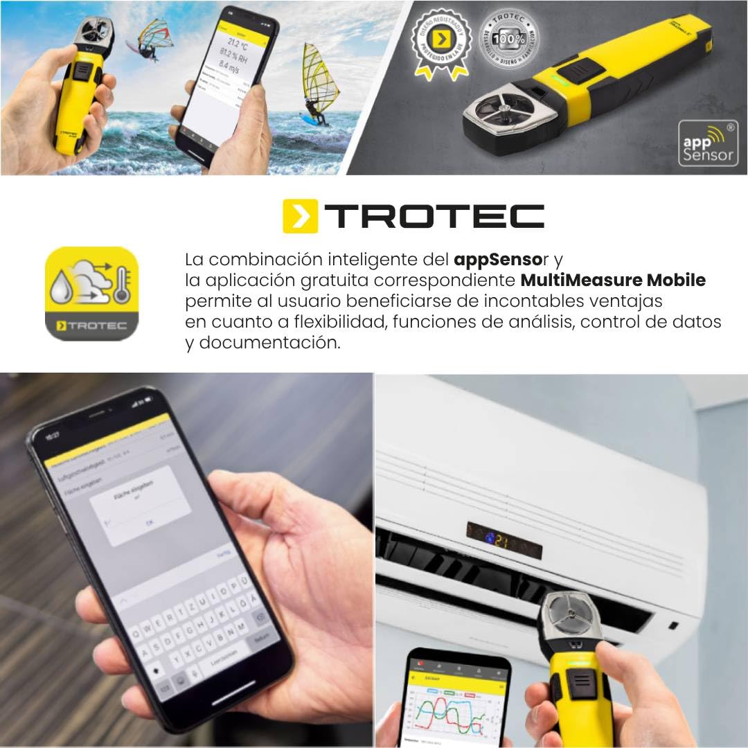 TROTEC Windmesser BA16WP – Windmessgerät, Anemometer – Messbereich 0,6 bis 30 m/s, MultiMeasure Mobile App