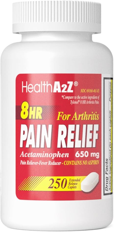 HealthA2Z® Pain Relief Extended Release | Acetaminophen 650mg | 8 Hours | Arthiritis Pain | Pain Reliever - Fever Reducer | Contains no Aspirin | (250 Caplets)