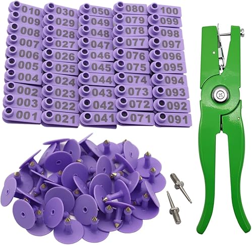Etiqueta de oreja de oveja 001-100, etiquetas de plástico para ganado, cabra con aplicador de punzón, herramientas de alicates y 2 pines de etiqueta