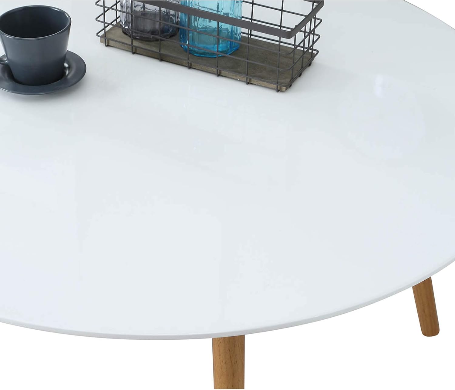 Convenience Concepts Oslo Round Coffee Table – Mid-Century Modern Minimalist Design, Glossy White Top, Solid Wood Legs, Easy 2-Step Assembly, White