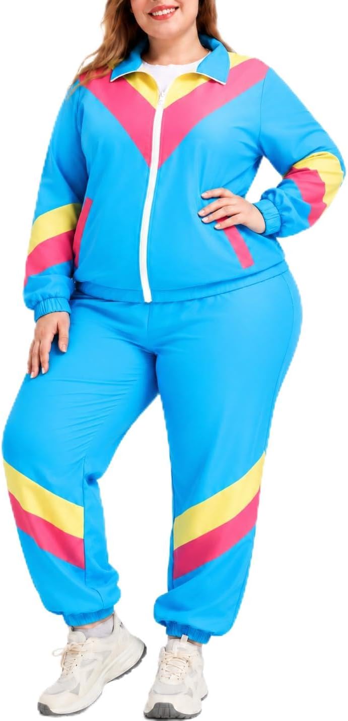 Owurha Plus Size 80s 90s Outfit for Women, Retro Tracksuit Set, 2 Piece Windbreaker Jacket Pants, XL-5XL