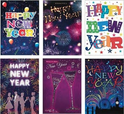 PACK OF 12 - Happy New Year Cards (Assorted Designs), white|purple|beige|blue, 210 x 290 mm