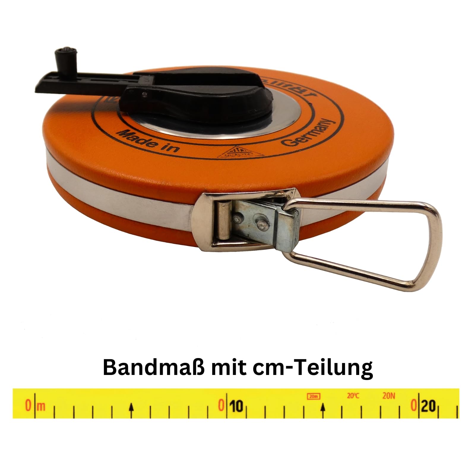 Richter Glasfaserbandmaß 50 m – 16 mm breit – gelbes Gewebeband mit cm-Teilung – in robuster Platalkapsel mit Kunststoffüberzug – Maßanfang A (10 cm Vorlauf) inkl. DEWEPRO Zollstock 2 m