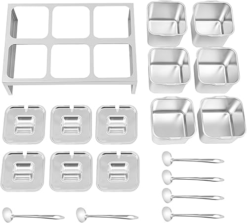 Miniatura 7 de Recipientes de condimentos de acero inoxidable, 6 estaciones de cobertura de pizza de 2.4 L, para preparar ingredientes y coberturas, recipientes de