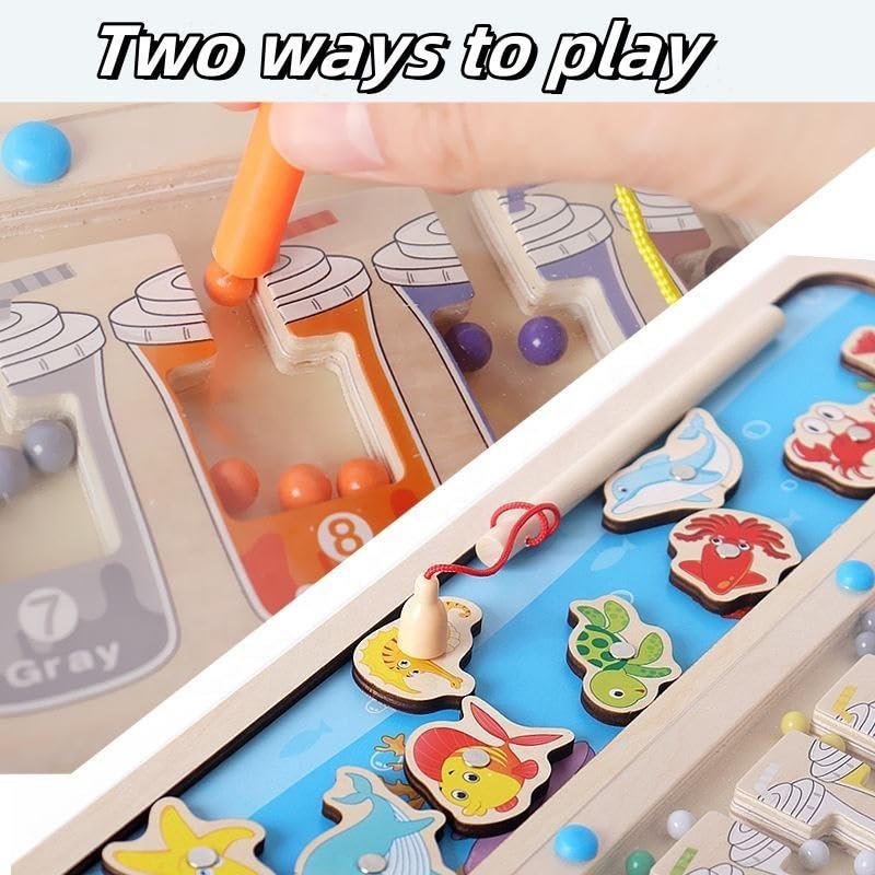 Image of Wooden Magnetic Fishing Toy for Kids, Montessori Ocean Theme Color Matching and Counting Board, Educational Learning Game with Fishing Rod.