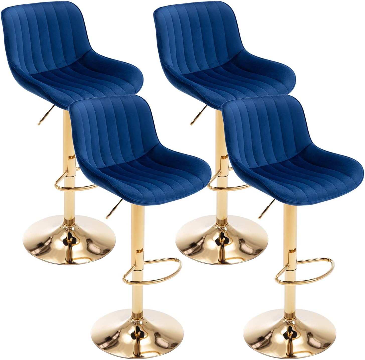 Kiztir Velvet Bar Stools Set of 4, Adjustable Counter Height Bar Stools with Back and Footrest, Gold Swivel Bar Stools Set of 4 for Kitchen Island, Bar, Cafe (Blue)