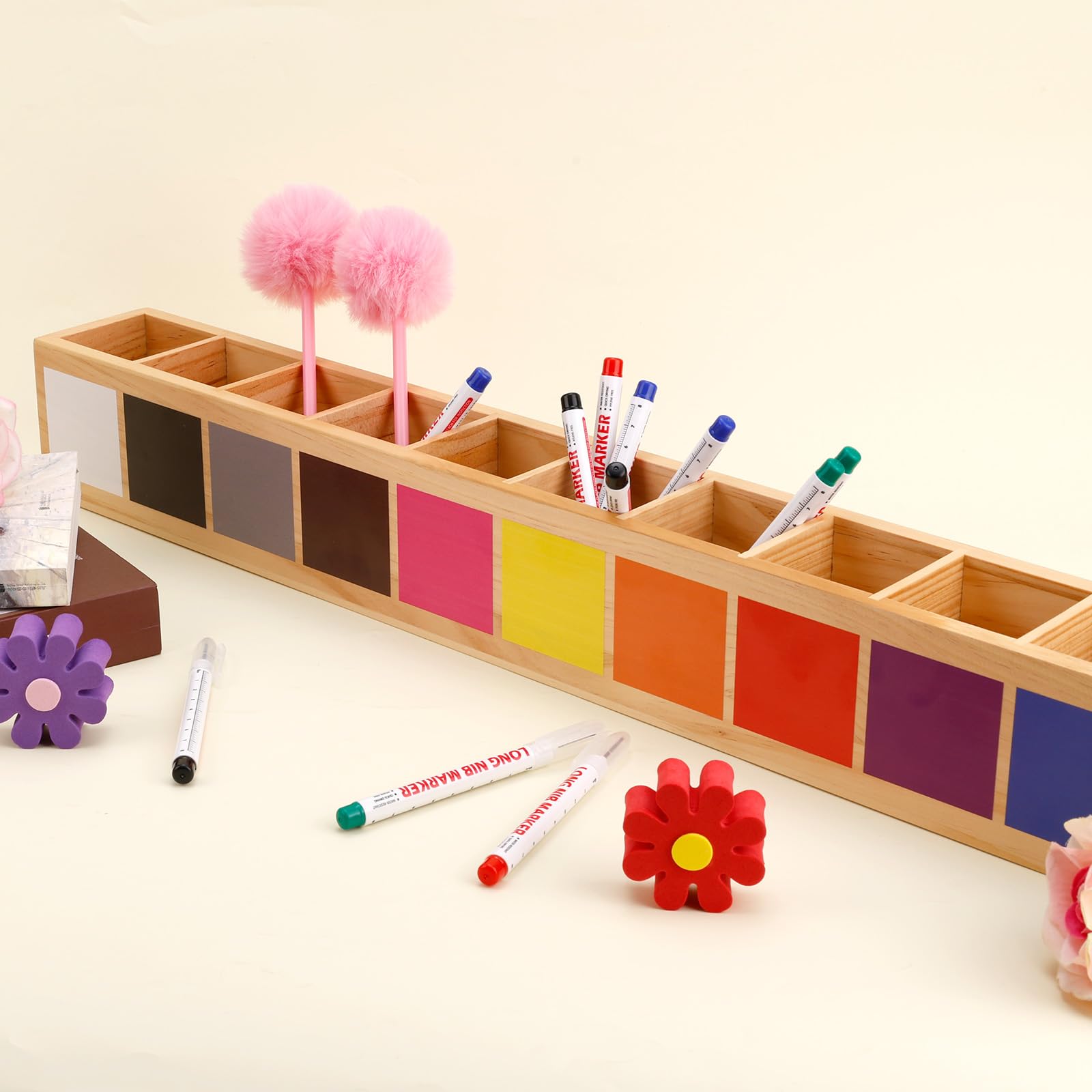 Portapenne Colorato in Legno, Organizer per Pastelli con 11 Scomparti Portapenne Creativo per Bambini Pastelli Penne e Articoli Artistici (Integrato)