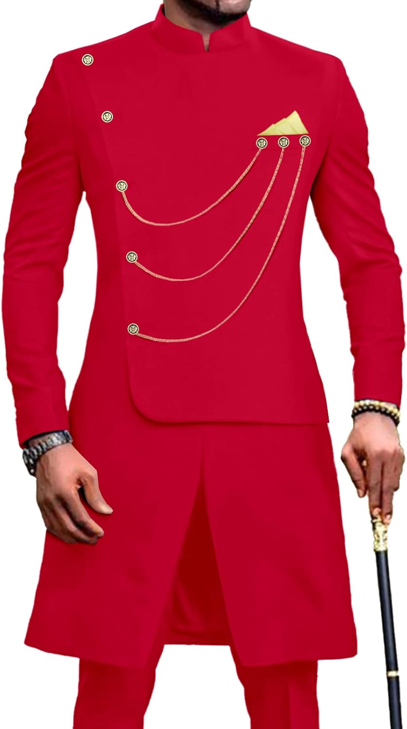 African Suits for Men Single Breasted Dashiki Chain Jackets and Pants 2 Piece Set Formal Outfits Wedding