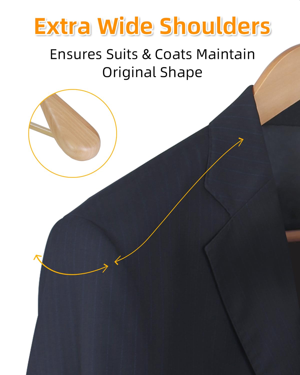 Hangerman Lot de 10 Cintres de Luxe en Bois Massif Naturel 44.5cm, de Épaules Larges, pour Manteau Costume Veste, avec Barre Ronde Antidérapante
