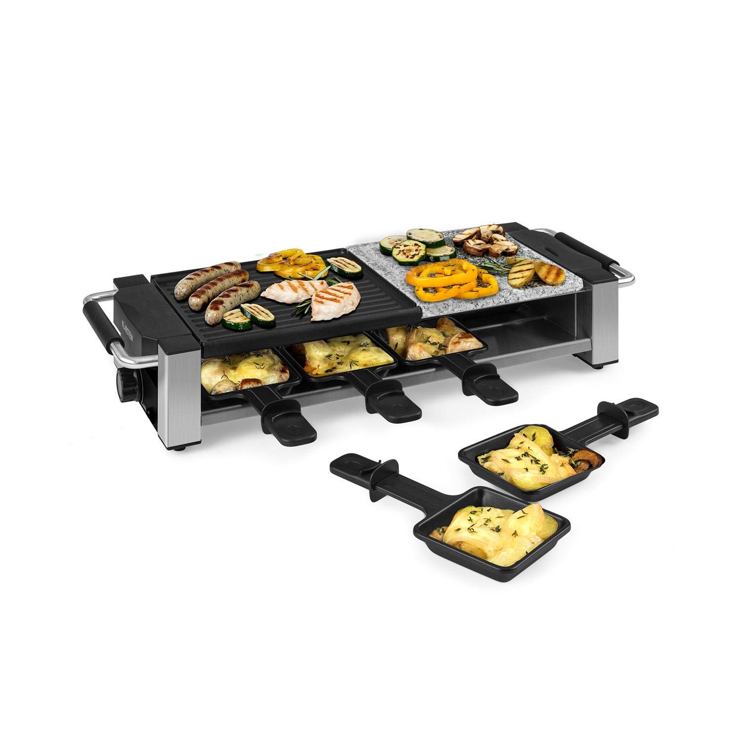Klarstein Bistecca Appareil à raclette 1200 W 2 en 1 : plaque de cuisson en métal antiadhésive et plaque en pierre naturelle, élément chauffant en acier inoxydable, thermostat réglable, argent
