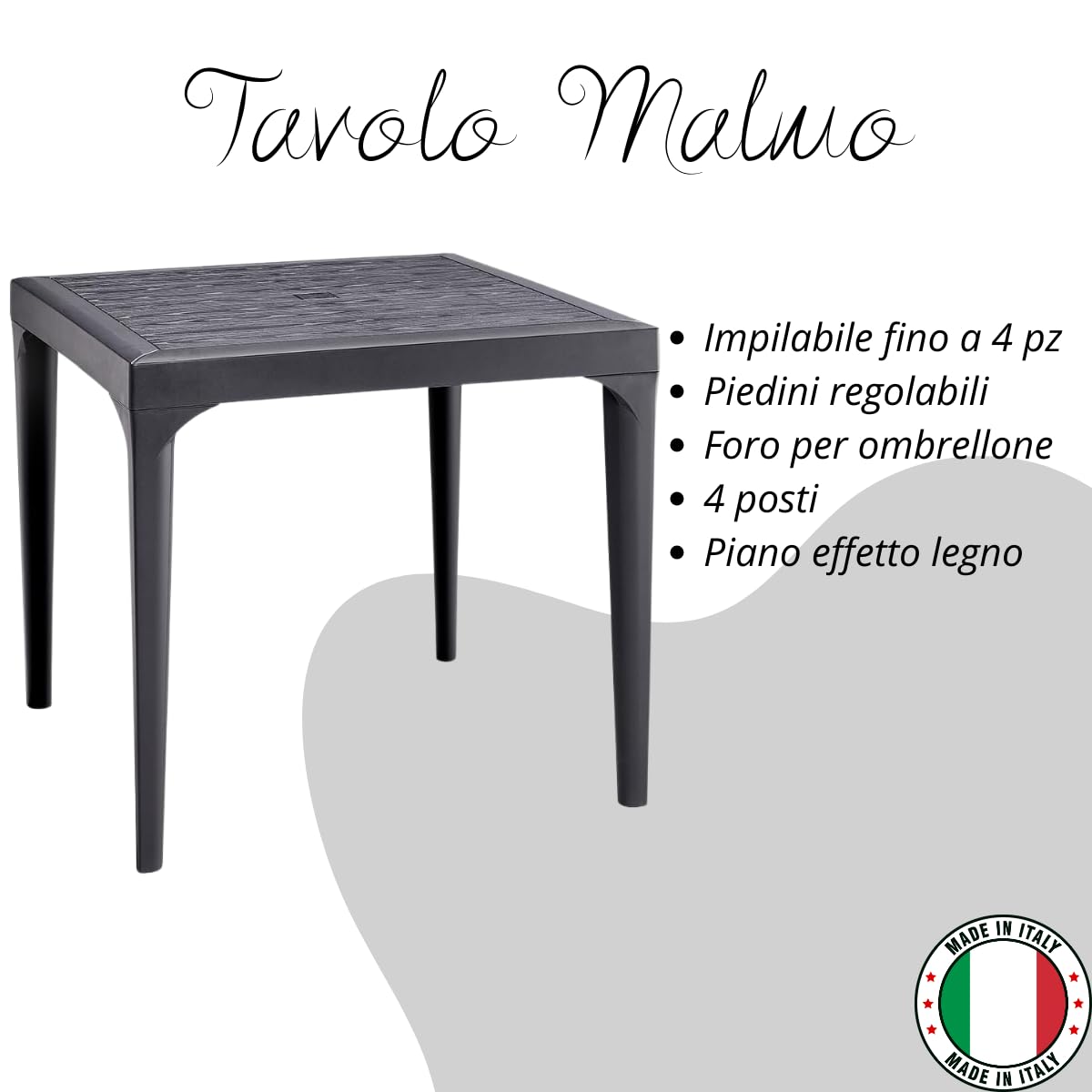 Tomaino - Tavolo da giardino in plastica, quadrato per esterno, effetto legno, 4 posti, balcone, bar, ristorante- 80x80x74h cm (Nero)
