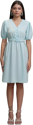 Tokyo Talkies Women's Elegant A-Line Dress with Belt & Pleated Dress, Sophisticated Full-Sleeve Style for Any Occasion
