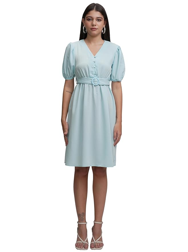 Tokyo Talkies Women's Elegant A-Line Dress with Belt & Pleated Dress, Sophisticated Full-Sleeve Style for Any Occasion