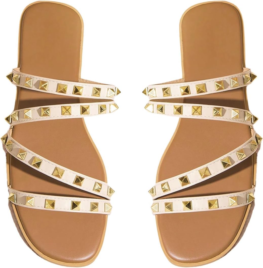 Women's Studded Strappy Leather Slide Sandals Square Open Toe Slip on Flat Sandal