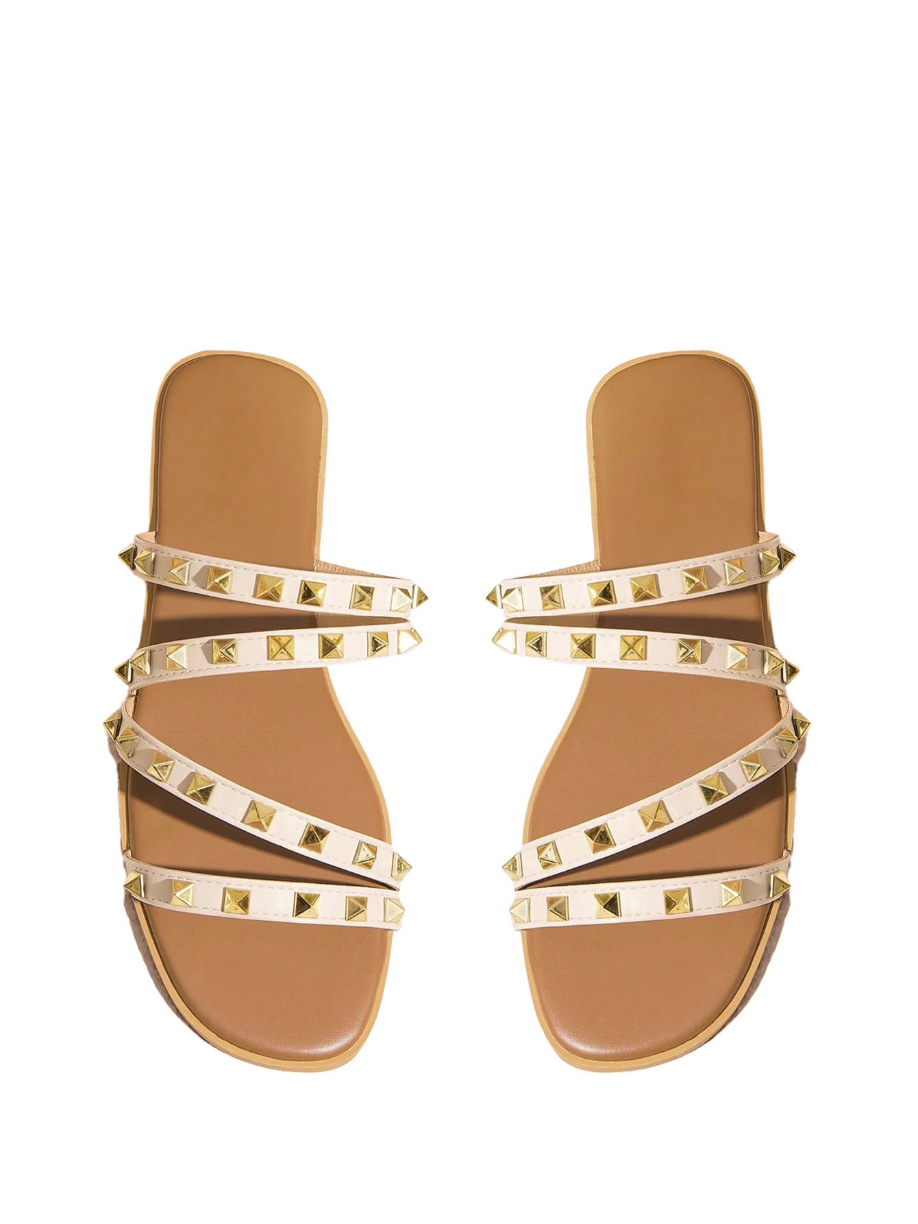 Women's Studded Strappy Leather Slide Sandals Square Open Toe Slip on Flat Sandal